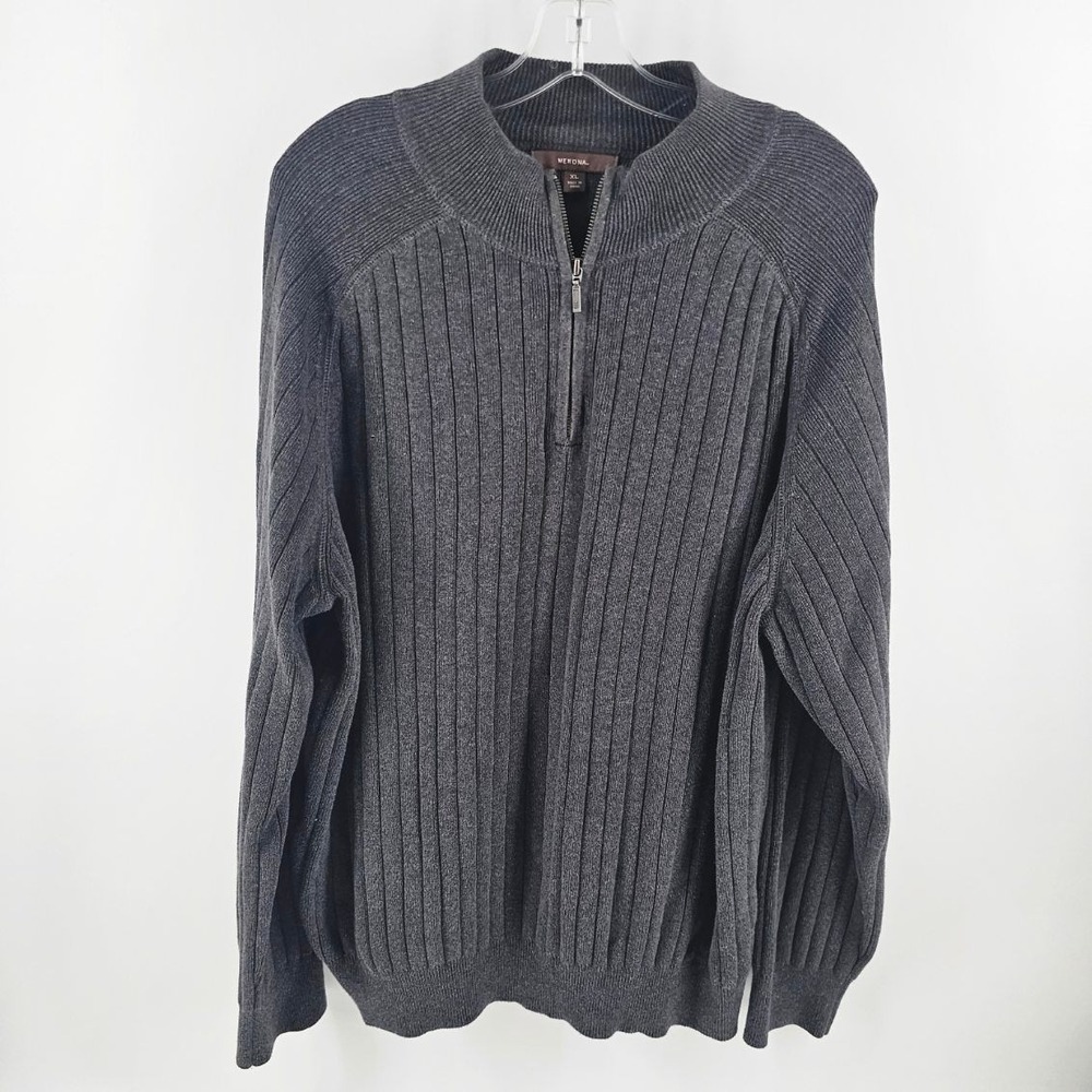 Merona Quarter Zip Sweater Men's XL Gray Ribbed Cotton Knit Mock Neck